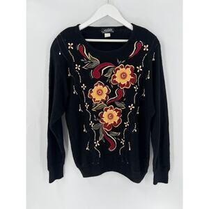 Malain Vintage Sweater Womens Large Black Floral Silk Rabbit Hair Pearls Beaded
